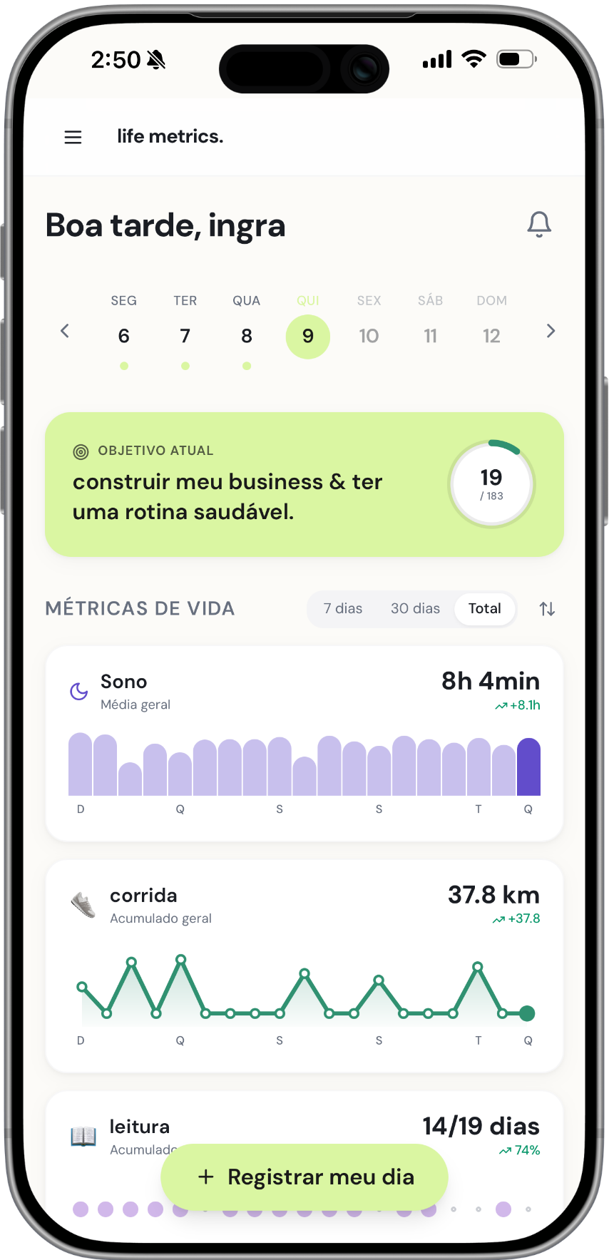 Tela inicial com métricas de vida